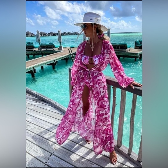 Bohemian Pretty in Pink Elegant Swimsuit Coverup Kimono Dress - Picture 1 of 3